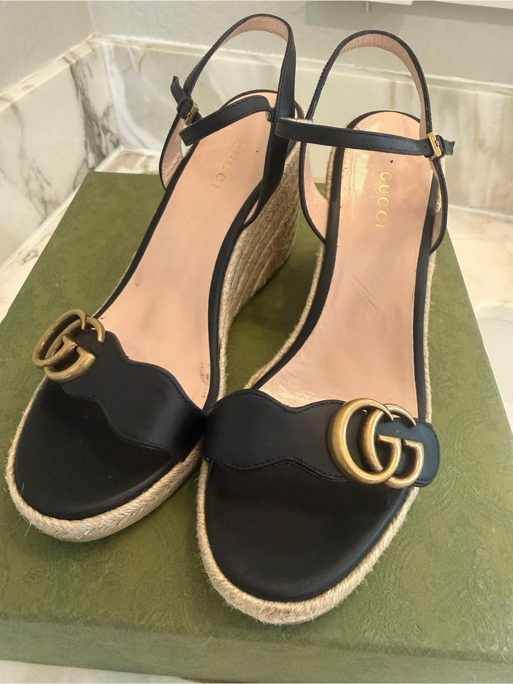 Gucci Black Leather Espadrille Wedge Sandals with Gold Accent